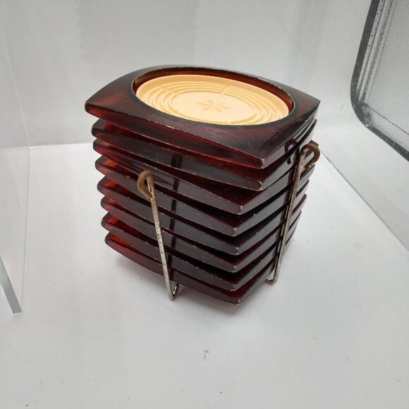 MCM Vintage Coasters set of 8 W/Metal Stand Plastic Amber with Cream Center - Picture 1 of 14